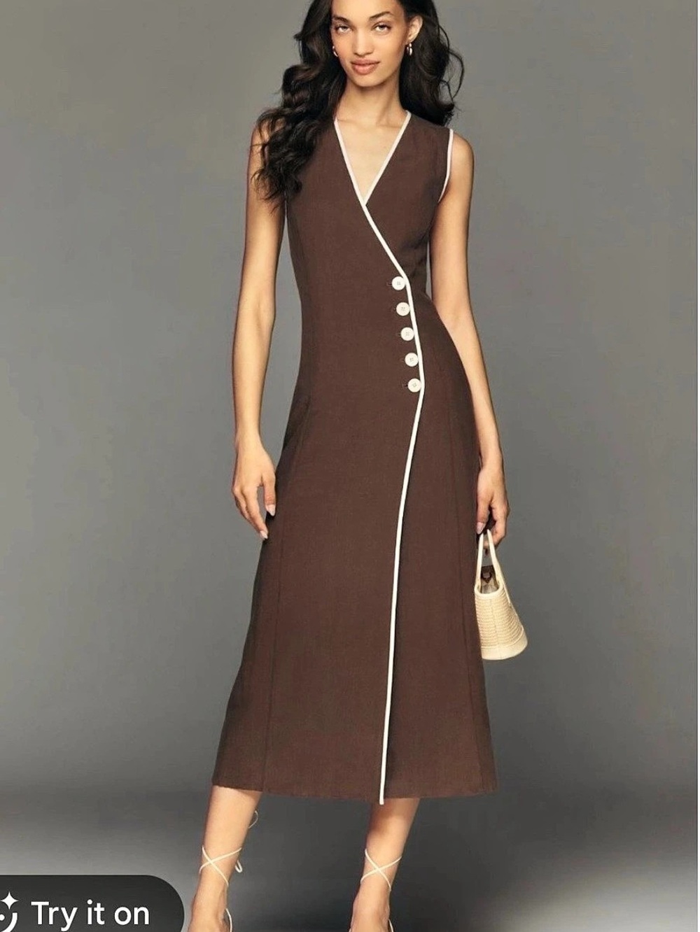 NWT Anthropologie Mare Mare Linen Asymmetric Button Midi Dress size S.